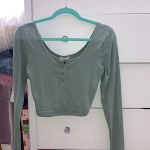 Button Up Cropped Sage Green Long Sleeve